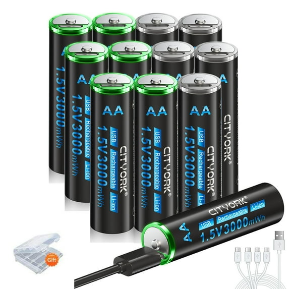 CITYORK 12 Pack AA Batteries Type-C USB 3000mWh 1.5V Lithium High Capacity AA Rechargeable Batteries with 3 Pack Battery Case