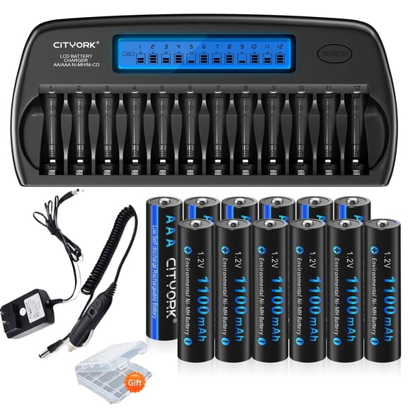 CITYORK 12 Pack AAA Rechargeable Batteries with Charger, 1100mAh High Capacity 1.2V Ni-MH Batteries and 12 Slot Smart LCD Independent Slot Battery Charger for 1.2V AA AAA Ni-MH Rechargeable Battery