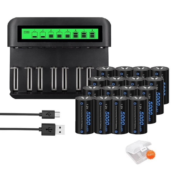 CITYORK 16 C Size High Capacity Low Self Discharge 1.2v Ni-MH Rechargeable Batteries with 8 Slots Intelligent Fast LCD Indicator USB Battery Charger For 1.2V AA AAA C D Size Ni-MH Batteries