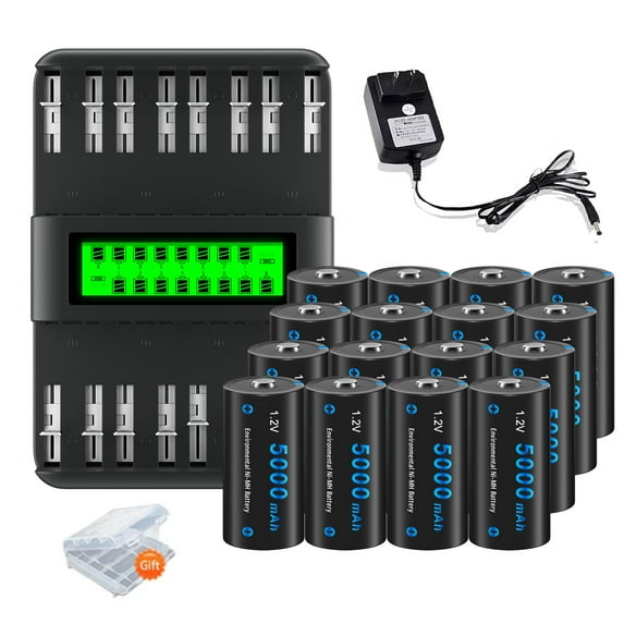 CITYORK 16 C Size High Capacity Low Self Discharge 1.2v Ni-MH Rechargeable Batteries with 16 Slots Intelligent Fast LCD Indicator USB Battery Charger For 1.2V AA AAA C D Size Ni-MH Batteries
