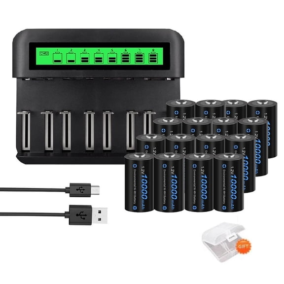 CITYORK 16 D Size High Capacity Low Self Discharge 1.2v Ni-MH Rechargeable Batteries with 8 Slots Intelligent Fast LCD Indicator USB Battery Charger For 1.2V AA AAA C D Size Ni-MH Batteries