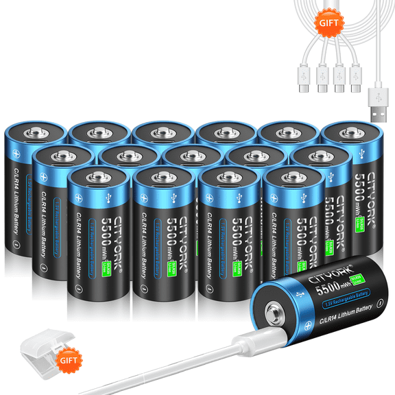 CITYORK 16 Pack 1.5V USB Rechargeable Lithium Batteries, Constant Output C Cell Li-ion Batteries, Fast Charging,5500mWh
