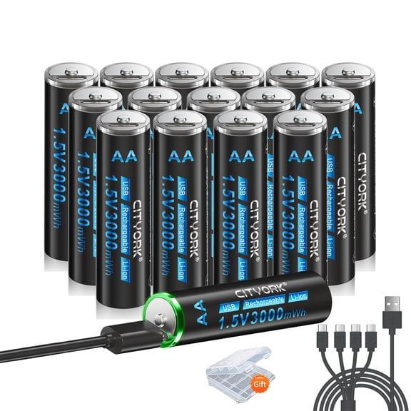 CITYORK 16 Pack AA Batteries Type-C USB 3000mWh 1.5V Lithium High Capacity AA Rechargeable Batteries with 3 Pack Battery Case