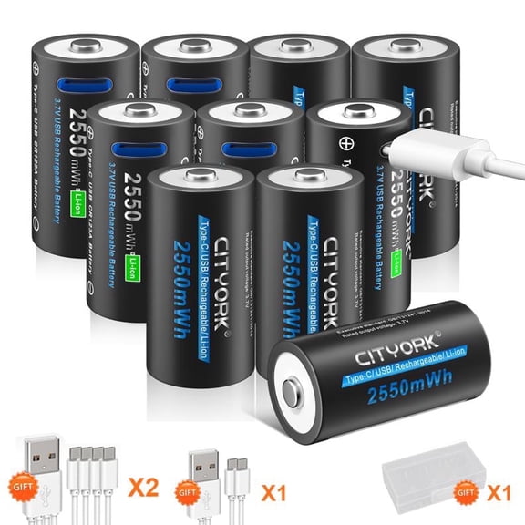 CITYORK 16350 CR123A Battery, 10-Pack 2550mWh 3.7V Lithium-ion TYPE-C Quick Charge USB Rechargeable CR123A Battery for High Intensity Flashlight, Home Safety, Security Devices (Not D Size Battery)