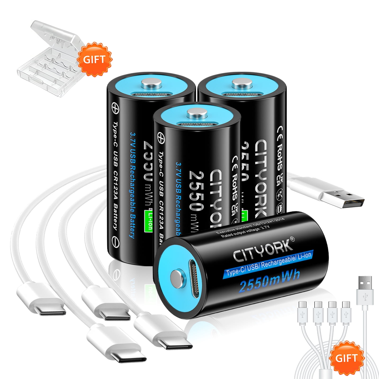 CITYORK 16350 CR123A Battery, 4-Pack 2550mWh 3.7V Lithium-ion TYPE-C Quick Charge USB Rechargeable CR123A Battery for High Intensity Flashlight, Home Safety, Security Devices (Not D Size Battery)
