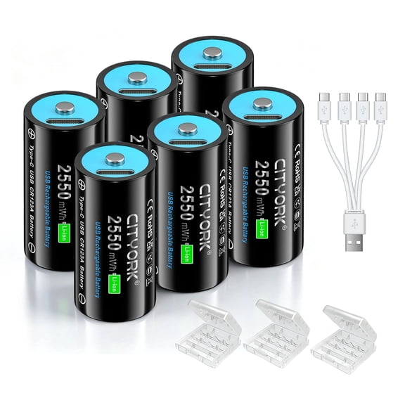 CITYORK 16350 CR123A Battery, 6-Pack 2550mWh 3.7V Lithium-ion TYPE-C Quick Charge USB Rechargeable CR123A Battery for High Intensity Flashlight, Home Safety, Security Devices (Not D Size Battery)