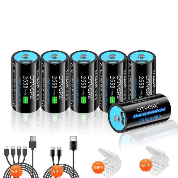 CITYORK 16350 CR123A Battery, 6-Pack 2550mWh 3.7V Lithium-ion TYPE-C Quick Charge USB Rechargeable CR123A Battery for High Intensity Flashlight, Home Safety, Security Devices (Not C Size Battery)