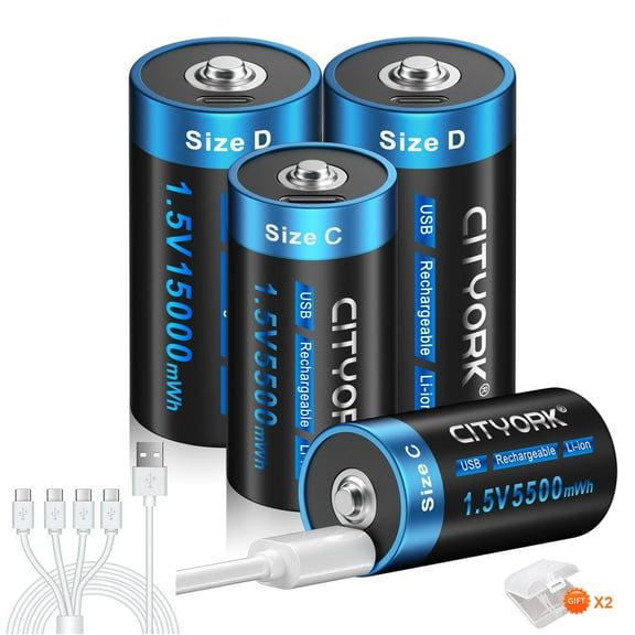 CITYORK 2 Pack C Cell Battery and 2 Pack D Cell Battery 1.5V USB Lithium High Capacity C Size and D Size Rechargeable Batteries with 2 Pack Battery Case