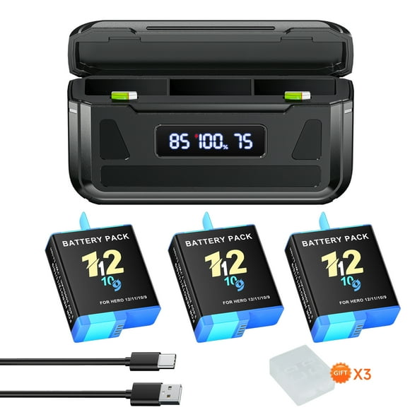 CITYORK 3 Pack Hero 12 Rechargeable Battery 2000mAh,LCD 2-Slot Storage USB Charger Fully Compatible with GoPro Hero 12 Black Hero 11 Black Hero 10 Black Hero 9 Black