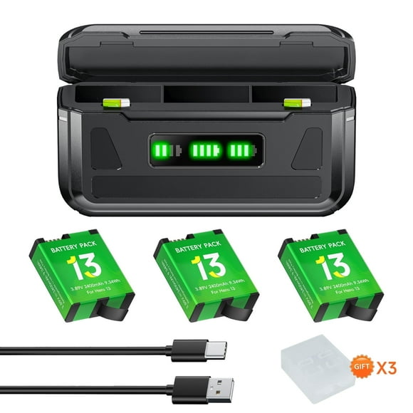 CITYORK 3 Pack Rechargeable Battery 2400mAh with 3-Slot Storage USB Charger for GoPro Hero13 Black Sport Camera