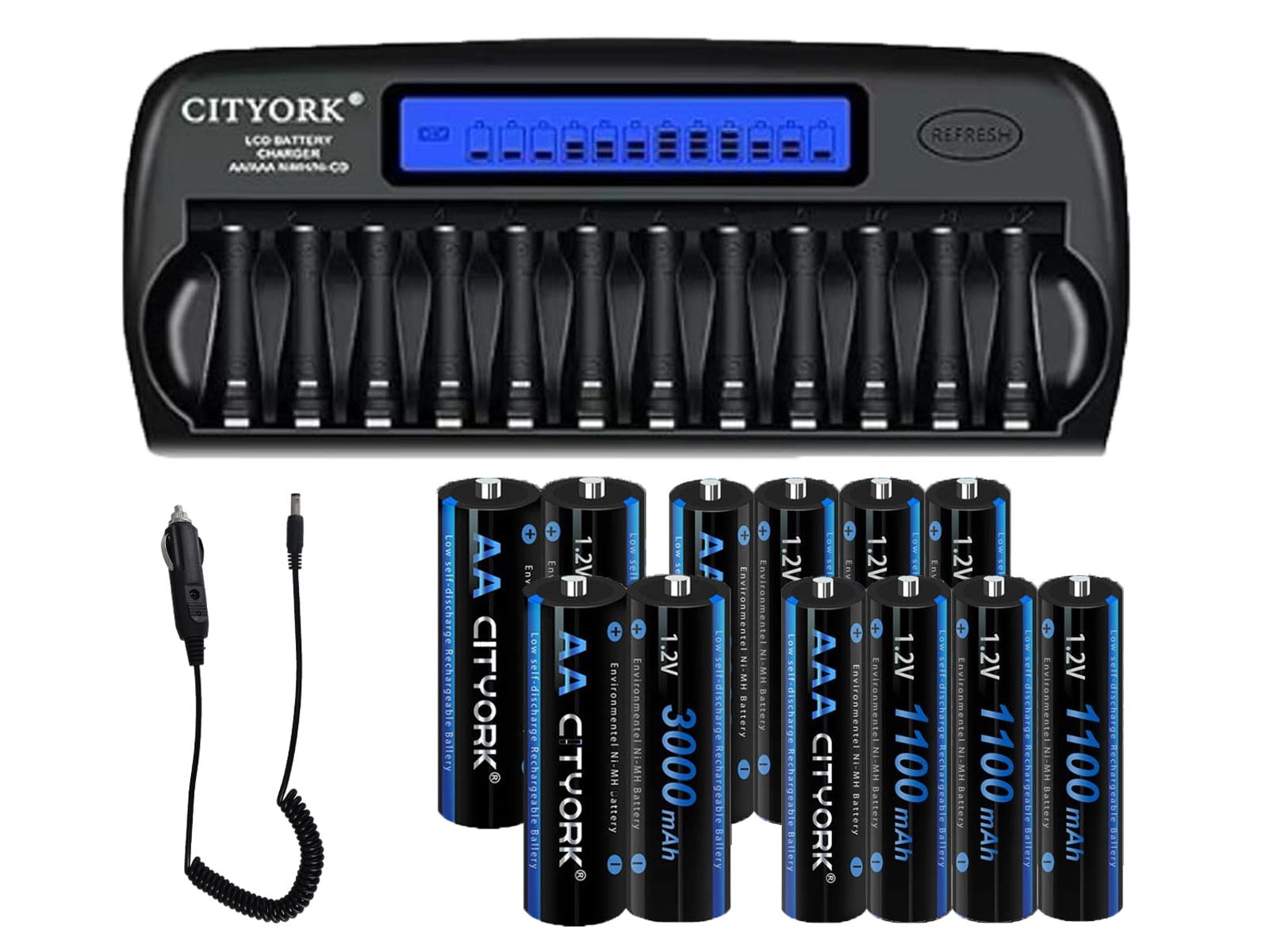 CITYORK 4 AA Batteries and 8 AAA Rechargeable Batteries with High Capacity Low Self Discharge 1.2v Ni-MH Batteries with 12 Bay AA AAA Smart LCD Independent Slot Battery Charger