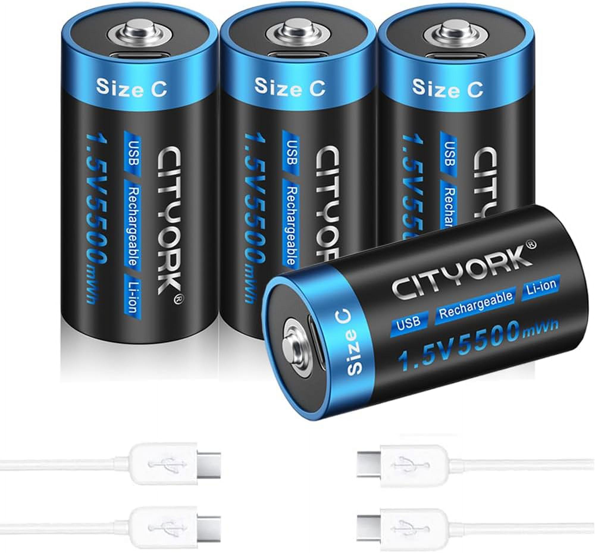 CITYORK 4 Pack 1.5V USB Rechargeable C Lithium Batteries, Constant Output C Cell Liion