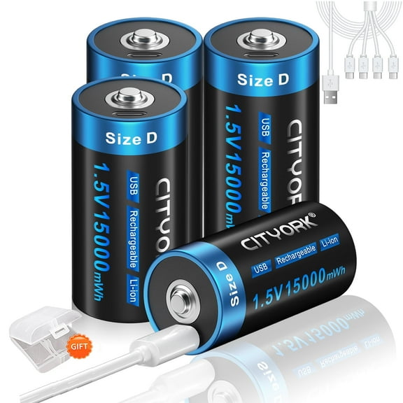 CITYORK 4 Pack 1.5V USB Rechargeable D Lithium Batteries, Constant Output D Cell Li-ion Batteries, Fast Charging,15000mWh