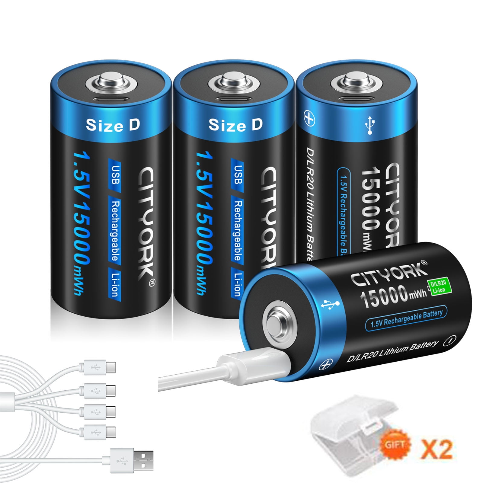 CITYORK Baterías Recargables D Cell De Alta Capacidad De 1,5 V 15000 MWh, Baterías De Litio Recargables Por USB Con Cable De Carga Tipo C, Paquete De 2