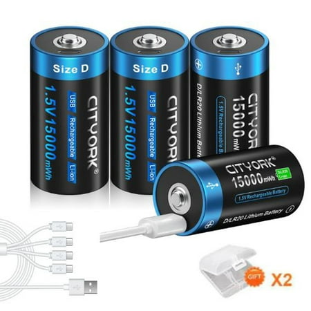 CITYORK 4 Pack 15000mWh 1.5V USB Lithium High Capacity D Size Rechargeable Batteries with 2 Pack Battery Case