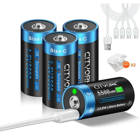 CITYORK 4 Pack 5500mWh 1.5V USB Lithium High Capacity C Size Rechargeable Batteries with 2 Pack Battery Case