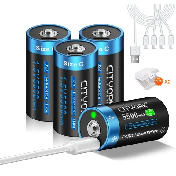 CITYORK 4 Pack 5500mWh 1.5V USB Lithium High Capacity C Size Rechargeable Batteries with 2 Pack Battery Case