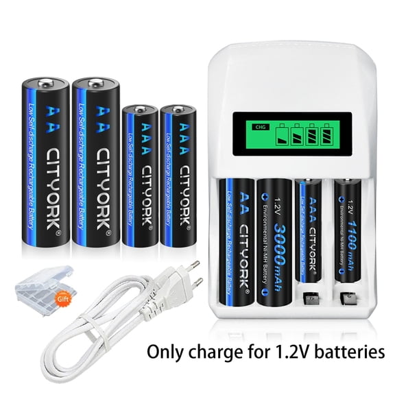 CITYORK 4 Pack AA 3000mAh with 4 Pack AAA1100mAh 1.2V Ni-MH Rechargeable Batteries with Battery Case with 4 Bay AA AAA LCD Smart 1.2v NiMH/NiCd Charger