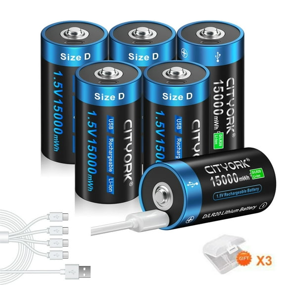 CITYORK 6 Pack 15000mWh 1.5V USB Lithium High Capacity D Size Rechargeable Batteries with 3 Pack Battery Case