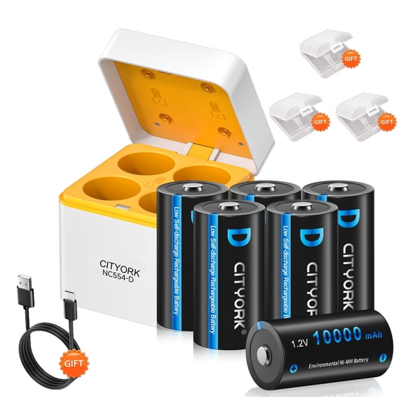 CITYORK 6 Pack D Size High Capacity Low Self Discharge 1.2v Ni-MH Rechargeable Batteries with 4 Bay Fast Independent LED Battery Charger Storage Box for 1.2V Rechargeable Ni-MH D Size Batteries Only