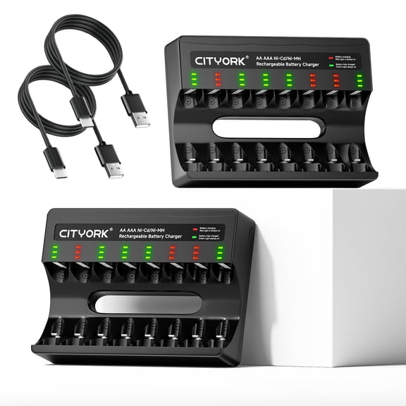 CITYORK 8 Bay Rechargeable Battery Charger with Charging Alert DisplayFast Charging for 1.2V AA AAA NiMH NiCD Rechargeable Batteries with USB Cable(2 Pack)