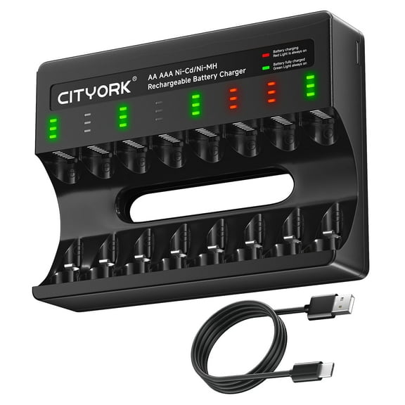 CITYORK 8 Bay Rechargeable Battery Charger with Charging Alert Display,Fast Charging for 1.2V AA AAA NiMH NiCD Rechargeable Batteries with USB Cable