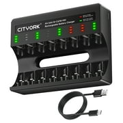CITYORK 8 Bay Rechargeable Battery Charger with Charging Alert Display，Fast Charging for 1.2V AA AAA NiMH NiCD Rechargeable Batteries with USB Cable