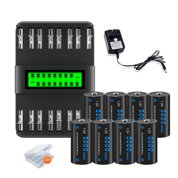CITYORK 8 C Size 1.2V Ni-MH Rechargeable Batteries with 16 Slots Intelligent Fast LCD Indicator USB Battery Charger For 1.2V AA AAA C D Size Ni-MH Batteries