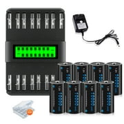 CITYORK 8 D Size High Capacity Low Self Discharge 1.2v Ni-MH Rechargeable Batteries with 16 Slots Intelligent Fast LCD Indicator USB Battery Charger For 1.2V AA AAA C D Size Ni-MH Batteries