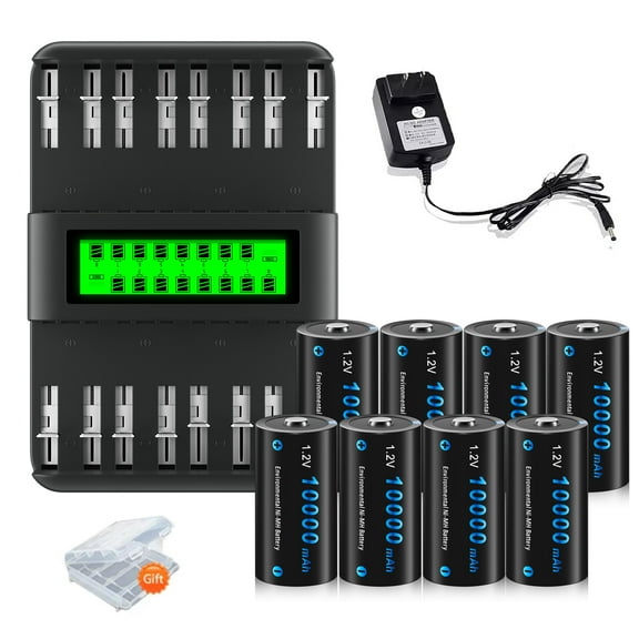CITYORK 8 D Size High Capacity Low Self Discharge 1.2v Ni-MH Rechargeable Batteries with 16 Slots Intelligent Fast LCD Indicator USB Battery Charger For 1.2V AA AAA C D Size Ni-MH Batteries