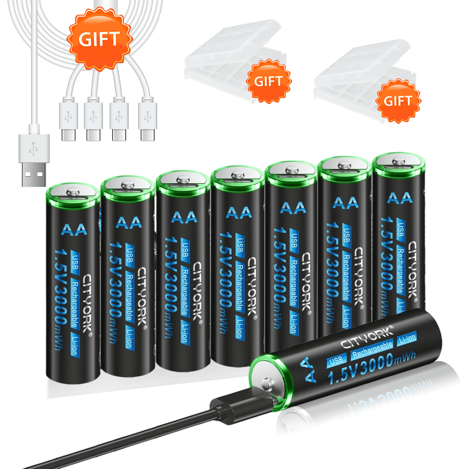 CITYORK 8 Pack 3000mWh 1.5V USB Lithium High Capacity AA Rechargeable Batteries with 2 Pack Battery Case