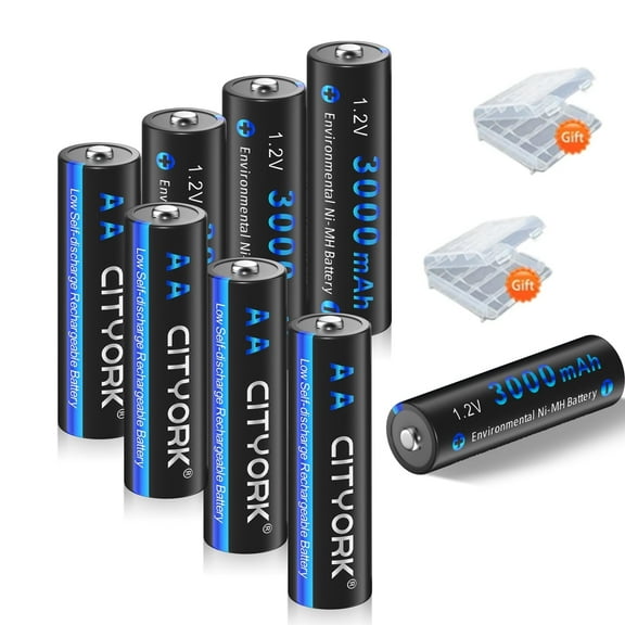 CITYORK 8 Pack AA Batteries 3000mAh 1.2V Ni-MH High Capacity Double-A Rechargeable Batteries with 2 Pack Battery Case Pre-Charged for Solar Light