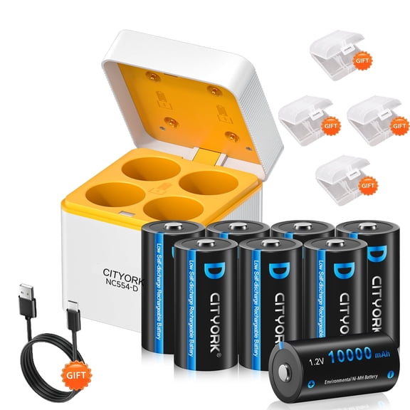 CITYORK 8 Pack D Size High Capacity Low Self Discharge 1.2v Ni-MH Rechargeable Batteries with 4 Bay Fast Independent LED Battery Charger Storage Box for 1.2V Rechargeable Ni-MH D Size Batteries Only