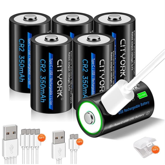 CITYORK CR2 Lithium Batteries ,6 Pack 3V 350mAh Lithium-ion TYPE-C Quick Charge USB Rechargeable CR2 Photo Batteries for Golf Rangefinder,instant cameras,bike lights,driving watches,no-bark collars