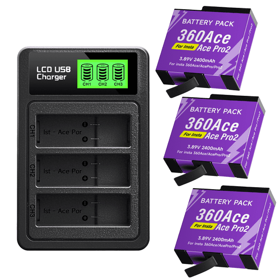 CITYORK Insta360 Ace Pro Battery(3 Packs) with Fast Charger, 2400mAh High Capacity Rechargeable Battery and 3 Slot Intelligent LCD Screen Charger for Insta360 Ace/ Ace Pro/ Ace Pro2 Action Camera