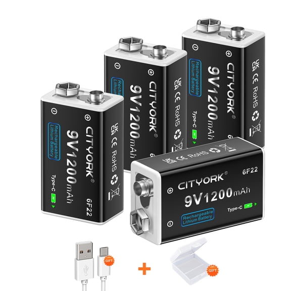 CITYORK Rechargeable 9V Batteries 4 pack Square Battery Power Pack Constant Pressure 1200mAh Doorbell Batteries Microphone Batteries
