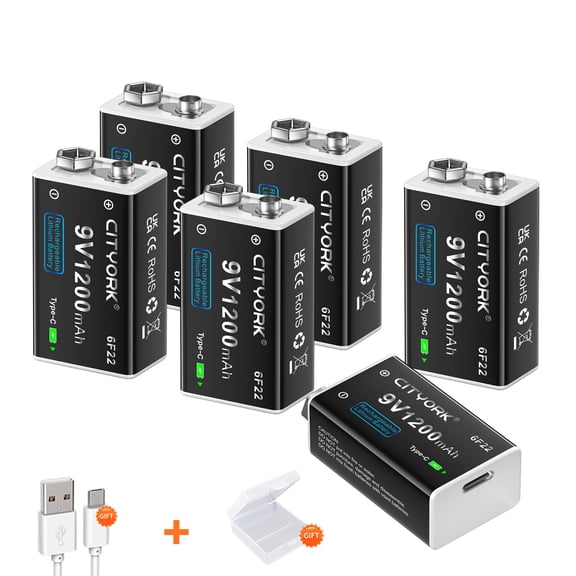 CITYORK Rechargeable 9V Batteries Backup Replacement Square Battery Power Pack Constant Pressure 1200mAh Doorbell Batteries Microphone Batteries 6 packs