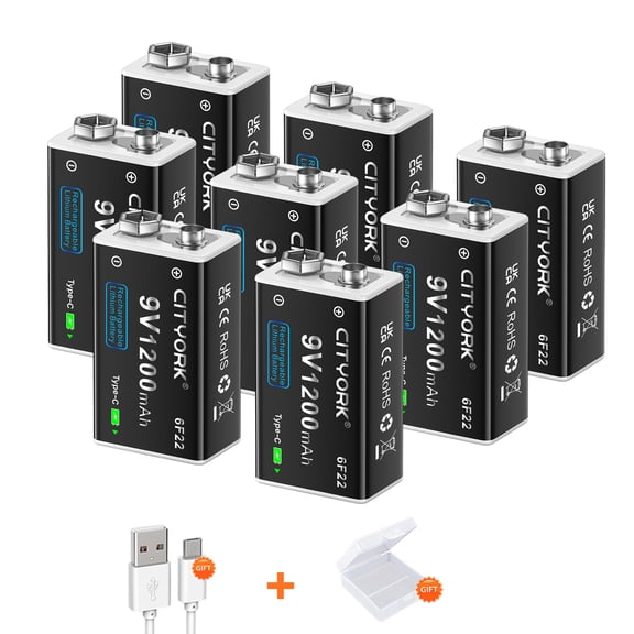 CITYORK Rechargeable 9V Batteries Backup Replacement Square Battery Power Pack Constant Pressure 1200mAh Doorbell Batteries Microphone Batteries 8 packs
