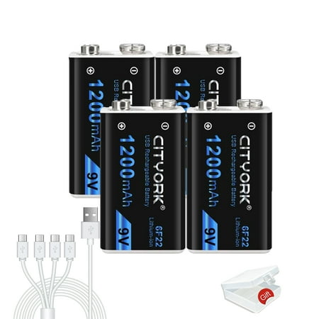 CITYORK Rechargeable 9V Batteries Backup Replacement Square Battery Power Pack Constant Pressure 1200mAh Doorbell Batteries Microphone Batteries 4 packs