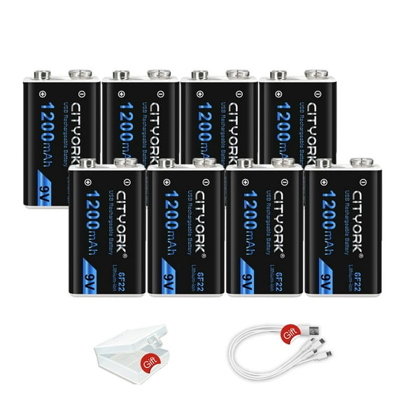 CITYORK Rechargeable 9V Batteries Backup Replacement Square Battery Power Pack Constant Pressure 1200mAh Doorbell Batteries Microphone Batteries 8 packs