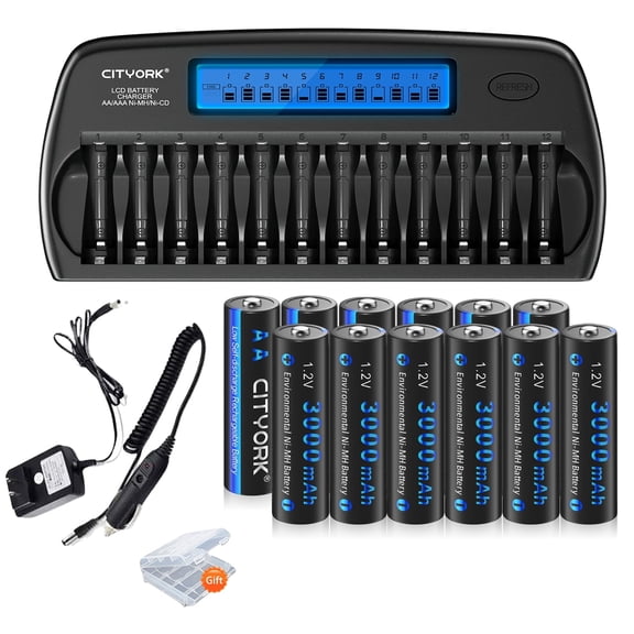 CITYORK Rechargeable Batteries 12 Pack AA Batteries 1.2v Ni-MH Rechargeable Triple-A Batteries with 12 Bay AA AAA Smart LCD Independent Slot Battery Charger