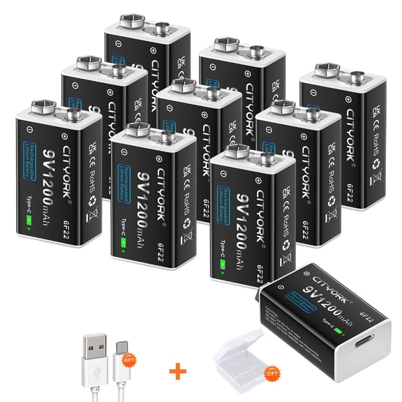 CITYORK USB Rechargeable 9V Batteries Backup Replacement Square Battery Power Pack Constant Pressure 1200mAh Doorbell Batteries Microphone Batteries 10 packs