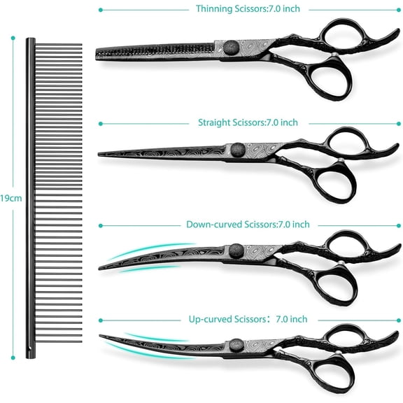 CITYWISH Dog Grooming Scissors,Black with Safety Round Tips,5 in 1 Curved Dog Scissors for Grooming,Professional Pet Grooming Shears Set for Dogs and Cats