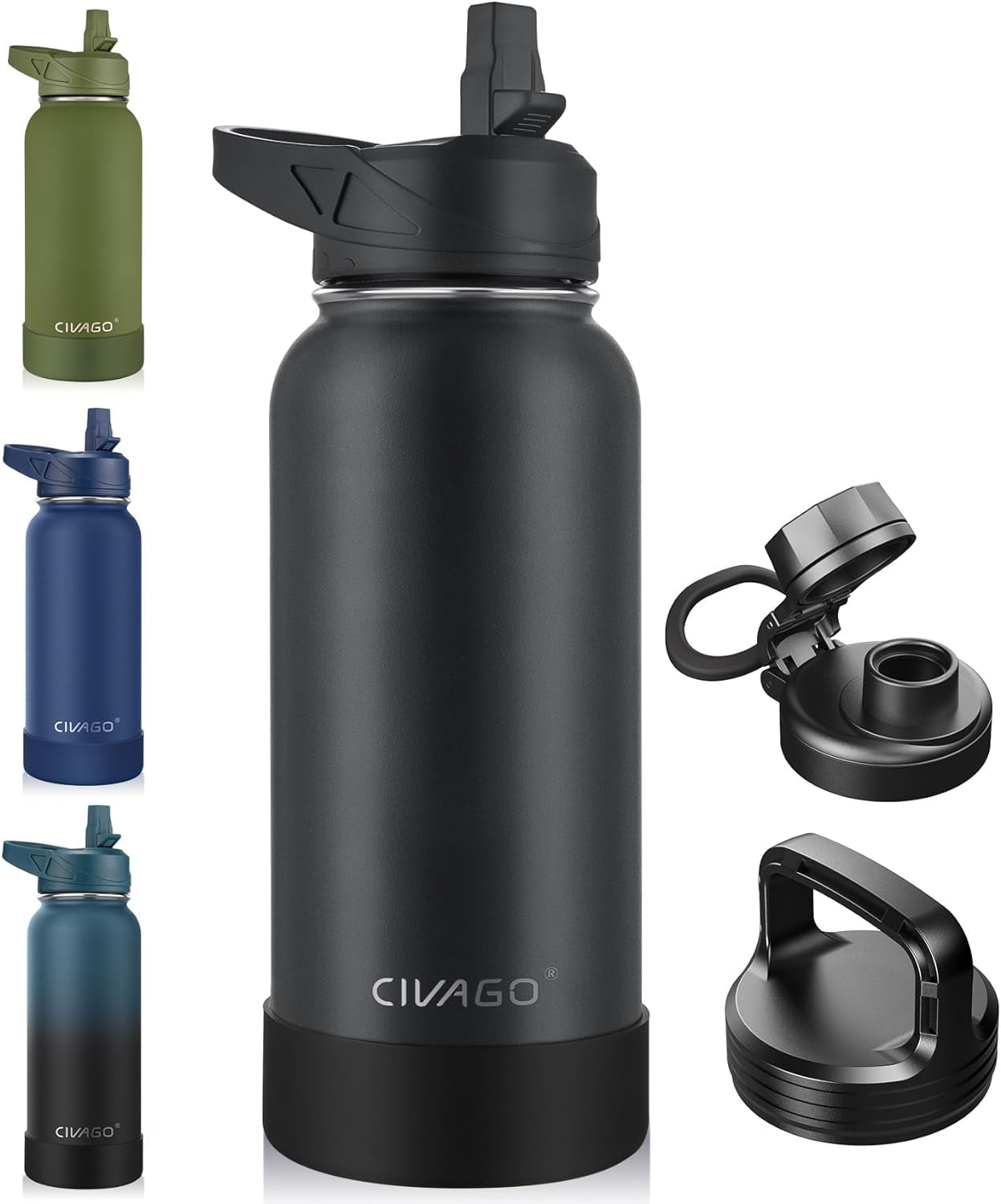 32 Oz Insulated Water Bottle With Straw And Spout Lid CIVAGO 32 oz Insulated Water Bottle With Straw, Stainless Steel Sports