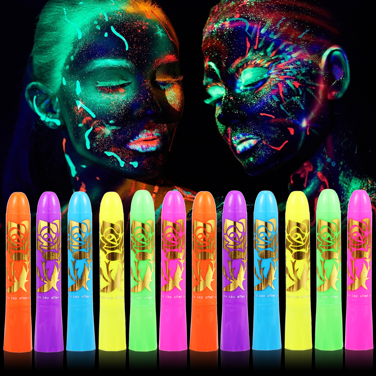 CIVG 12pcs Face Paint Crayons Set Safe Non-Toxic Glow In Dark Face Body Paint Washable Makeup Face Painting Crayons 6 Colors UV Light Luminous Body Paint for Dress-up Carnival Halloween Party