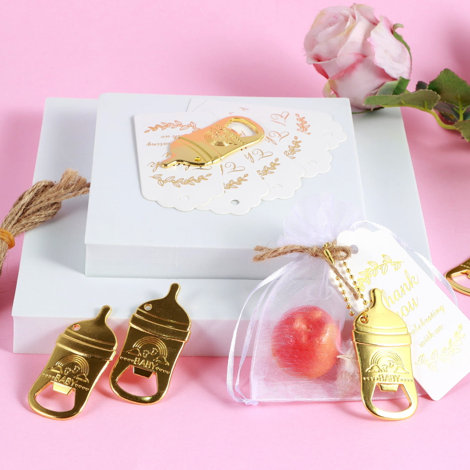 50-Pack Baby Bottle Shaped Bottle Openers - Baby Shower Party Favors With Thank You Tags & Organza Bags, Gold Zinc Alloy