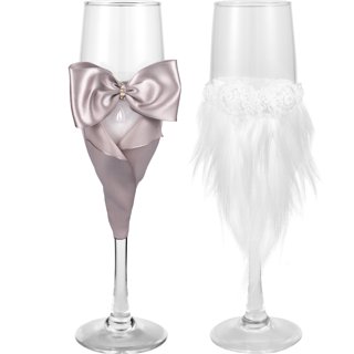 2Pc Wedding Champagne Flutes Bridal Groom Black White Dress Elegant Drink  Goblet Flower Imitation Pearl Decor