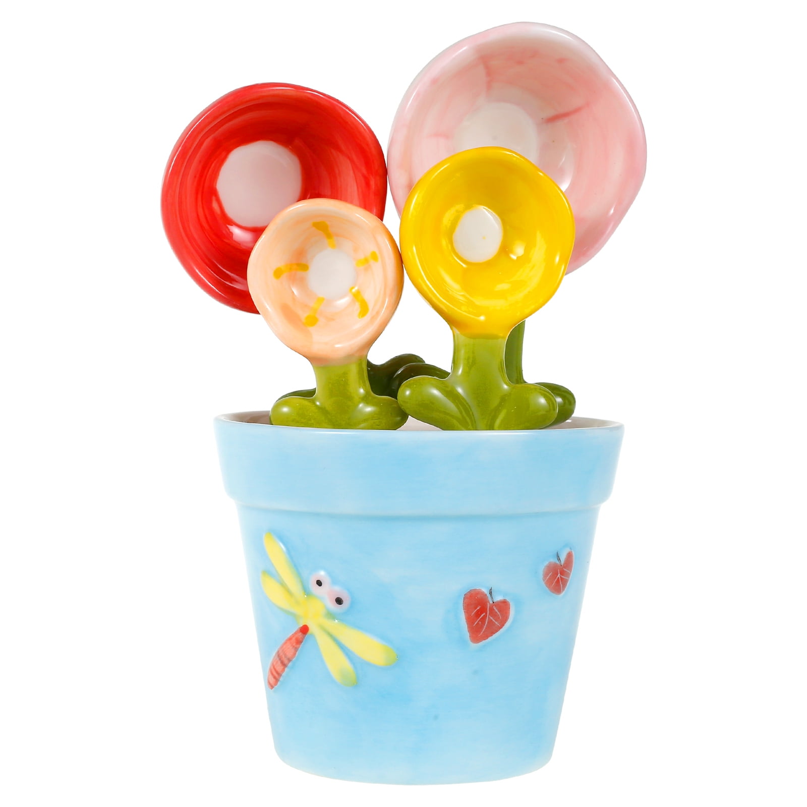 CIVG 4pcs Flower Measuring Spoons Set in Pot Cute Ceramic
