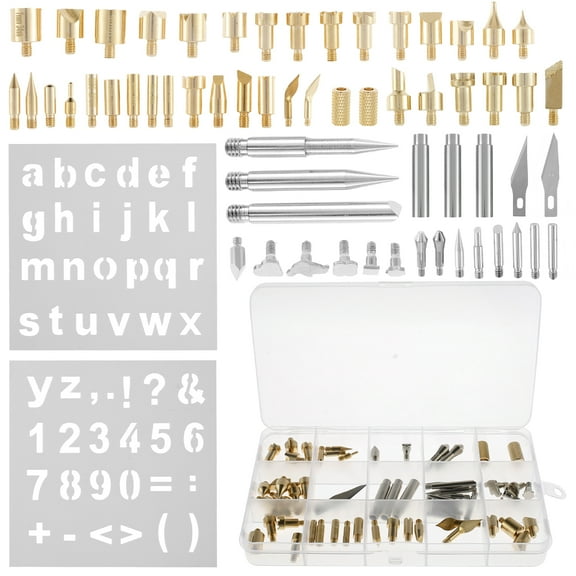 CIVG 62pcs Wood Burning Tips Kit with Alphabet Number Stencil Reusable Copper Pyrography Carving Tips Multipurpose Embossing Carving Pen Tips DIY Soldering Iron Tips for Soldering Jewelry