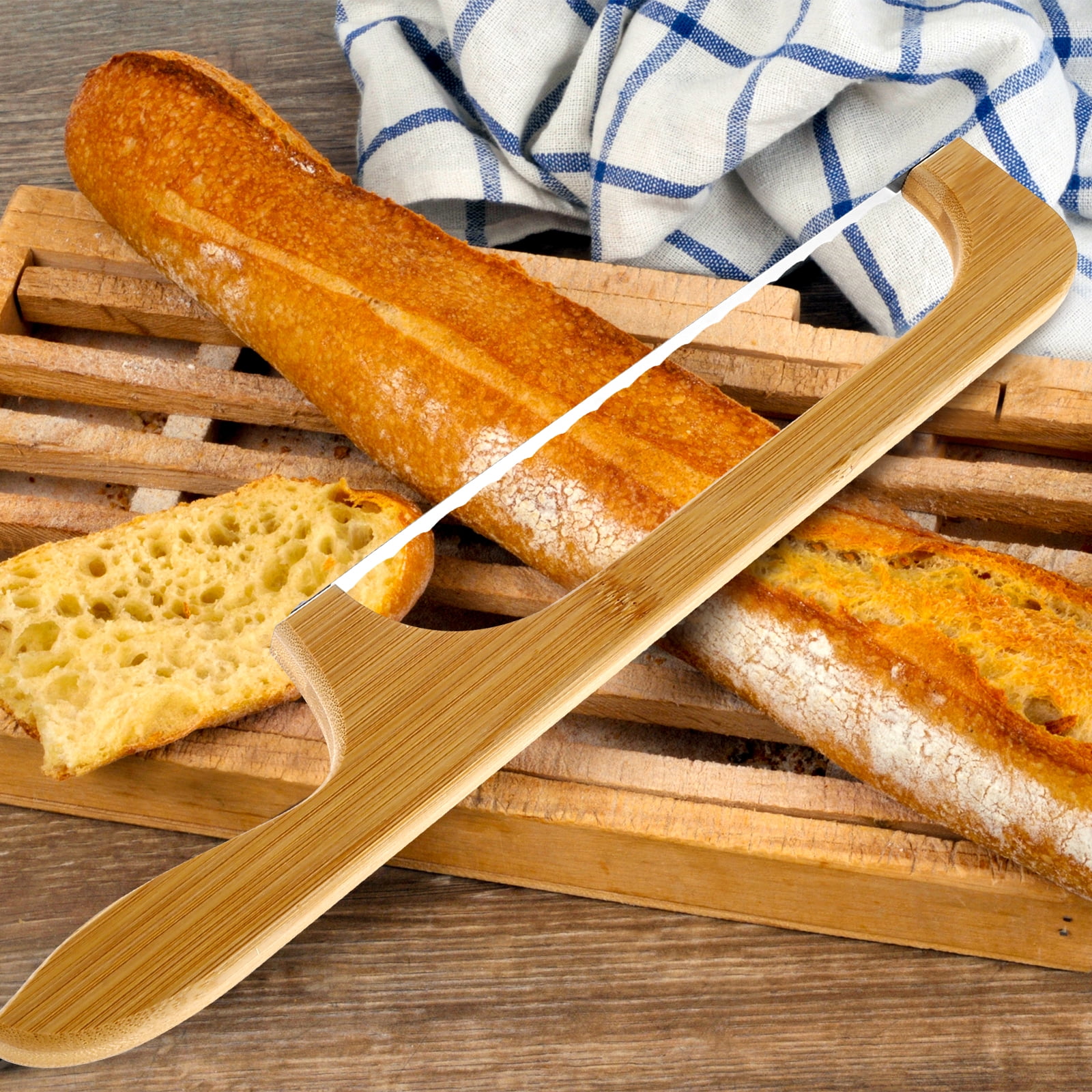 CIVG Bread Slicer Serrated Bread Knife Wooden Bread Bow Cutter for